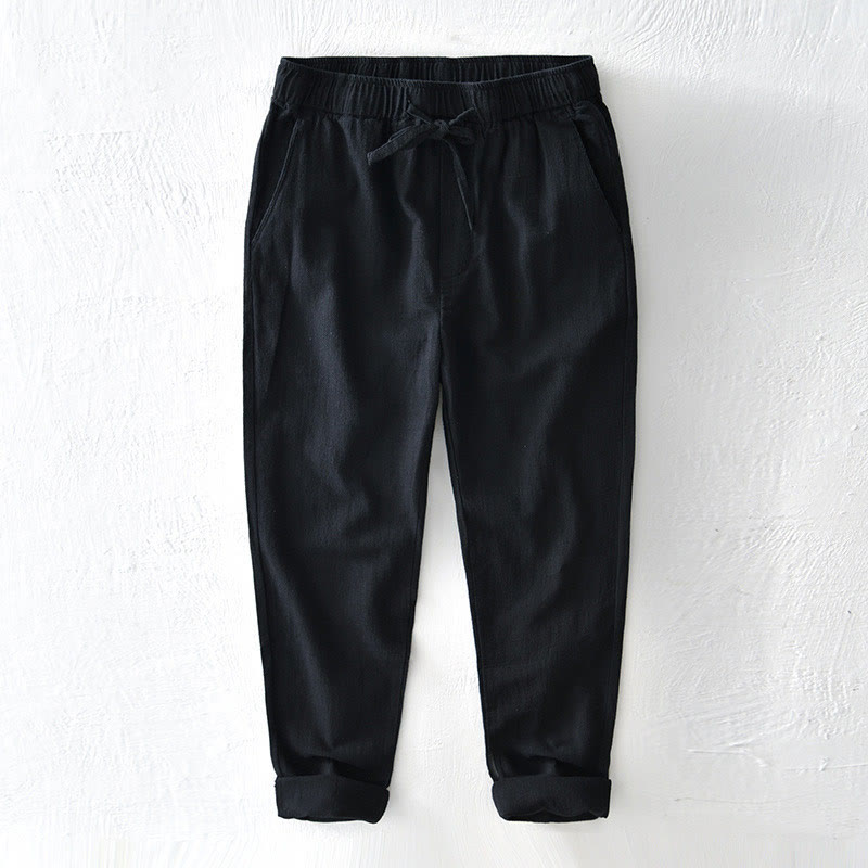 Buddha Stones Casual Solid Color Simple Design Drawstring Ramie Linen Men's Pants With Pockets - Black - US/UK/AU44，EU54 (4XL) - image 13