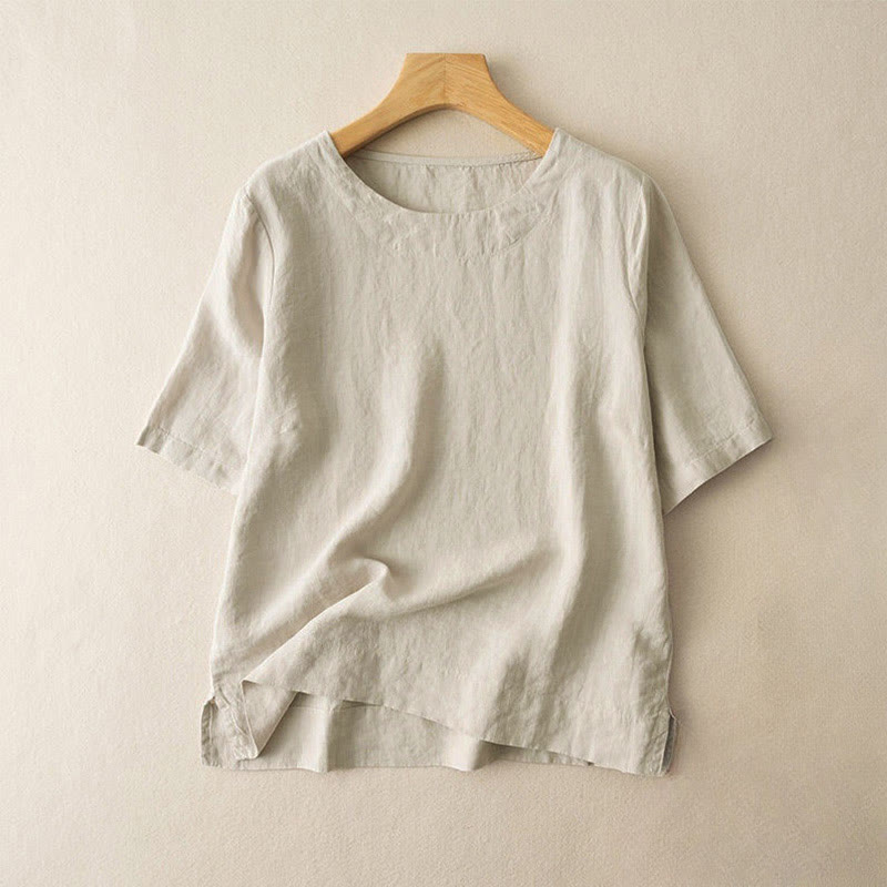 Buddha Stones Simple Plain Short Sleeve Crew Neck Side Slit Cotton Women's T-Shirt - Beige - US8-10，UK/AU12-14，EU40-42 (3XL) - image 5