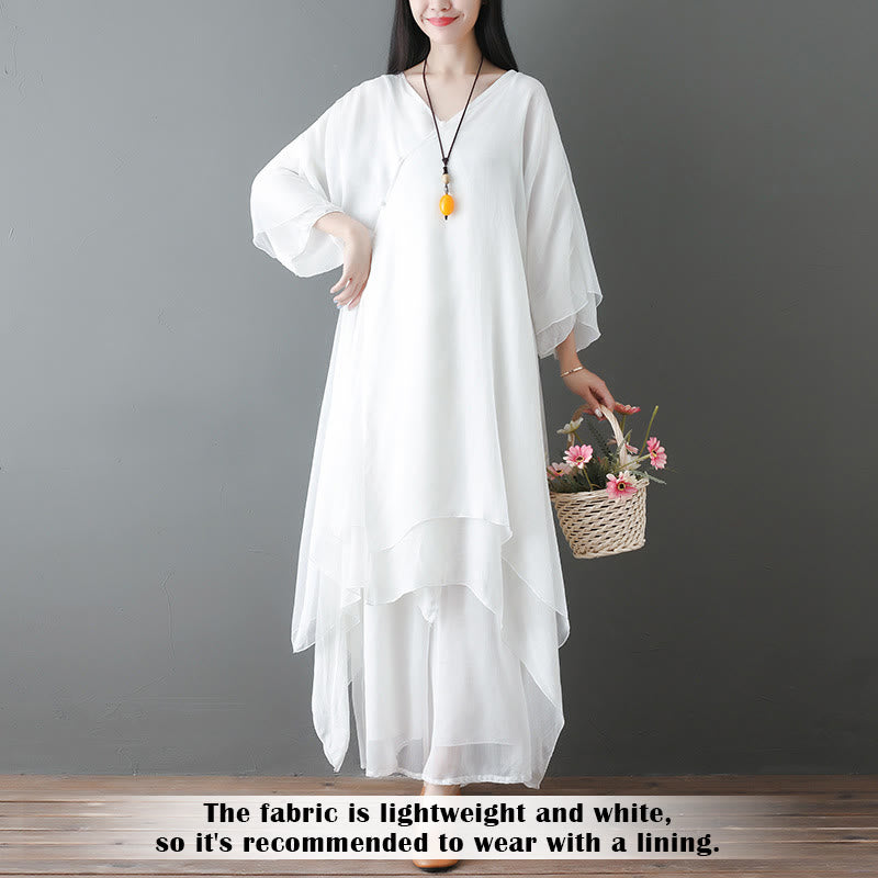 Buddha Stones V-Neck Midi Tunic Dress Wide Leg Pants Meditation Zen Practice Dance Clothing - image 2