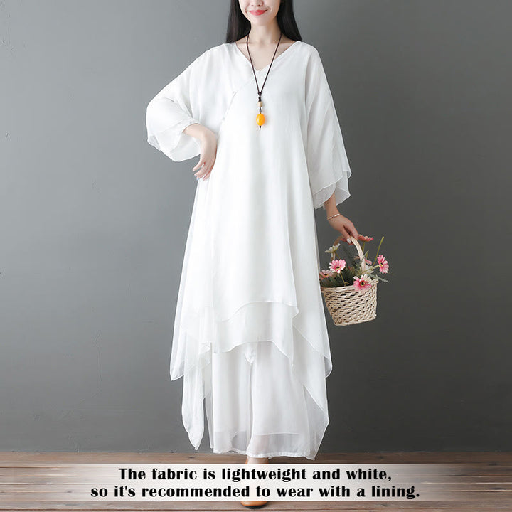 Buddha Stones V-Neck Midi Tunic Dress Wide Leg Pants Meditation Zen Practice Dance Clothing - image 2