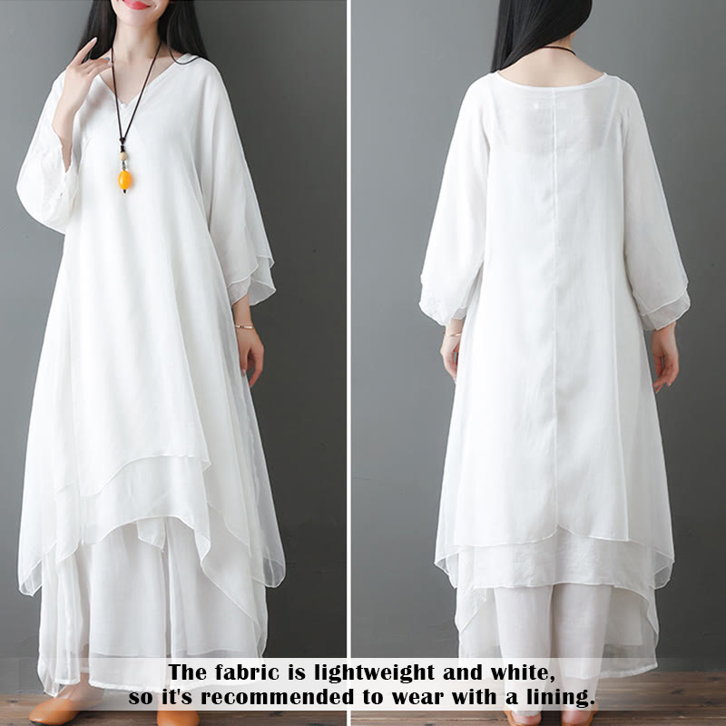 Buddha Stones V-Neck Midi Tunic Dress Wide Leg Pants Meditation Zen Practice Dance Clothing - image 8