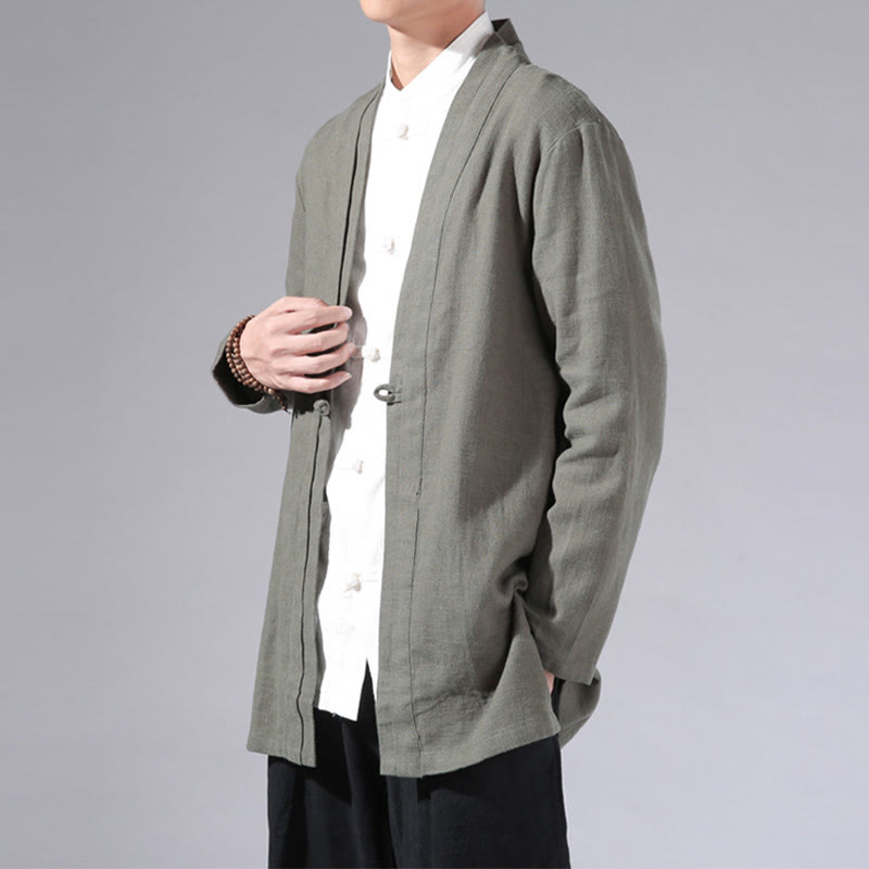 Buddha Stones Plain Simple Design Open Front Cotton Linen Men's Long Sleeve Jacket Kimono - image 3