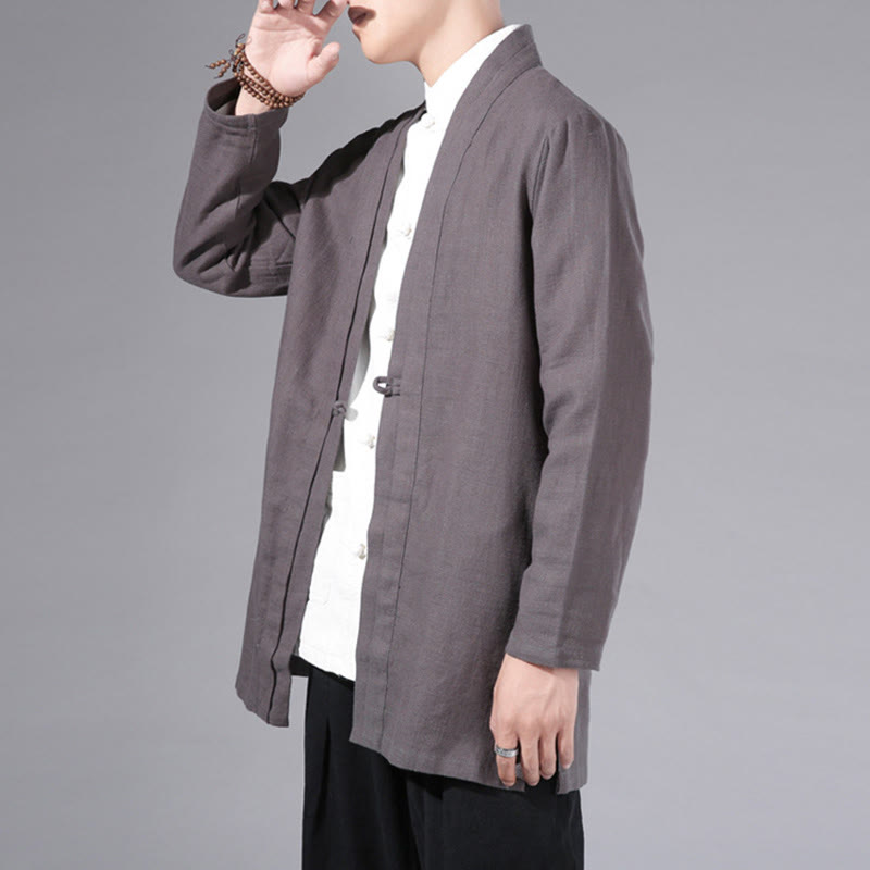 Buddha Stones Plain Simple Design Open Front Cotton Linen Men's Long Sleeve Jacket Kimono - image 29