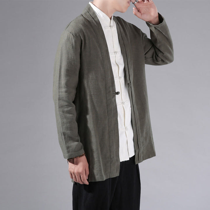 Buddha Stones Plain Simple Design Open Front Cotton Linen Men's Long Sleeve Jacket Kimono - image 1