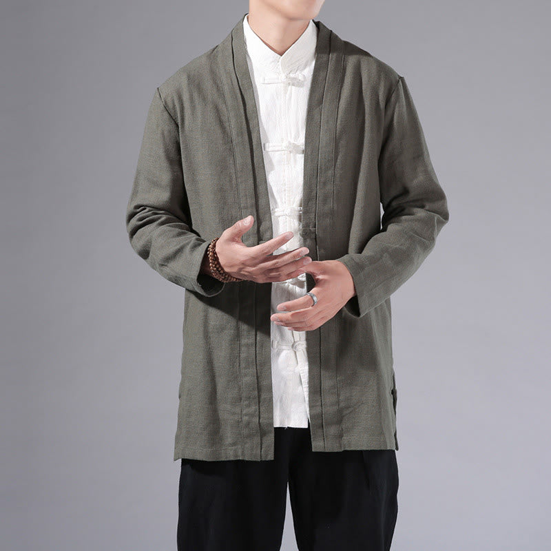 Buddha Stones Plain Simple Design Open Front Cotton Linen Men's Long Sleeve Jacket Kimono - DarkSeaGreen - US/UK/AU42，EU52 (3XL) - image 0