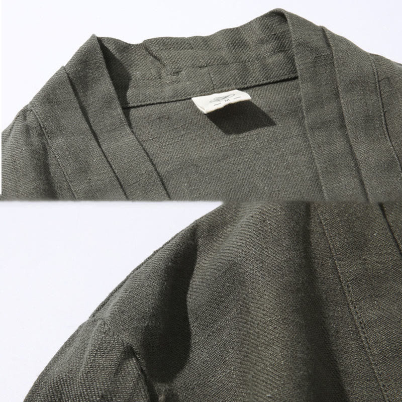 Buddha Stones Plain Simple Design Open Front Cotton Linen Men's Long Sleeve Jacket Kimono - image 7