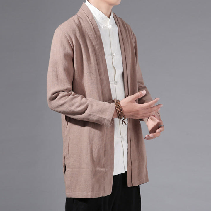 Buddha Stones Plain Simple Design Open Front Cotton Linen Men's Long Sleeve Jacket Kimono - image 27