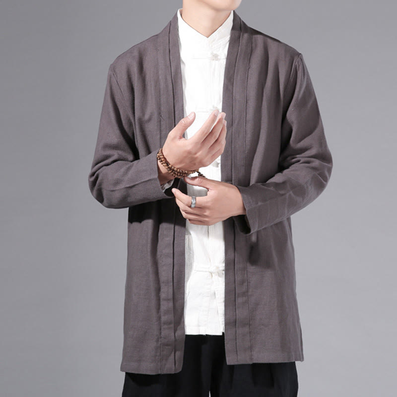 Buddha Stones Plain Simple Design Open Front Cotton Linen Men's Long Sleeve Jacket Kimono - image 30