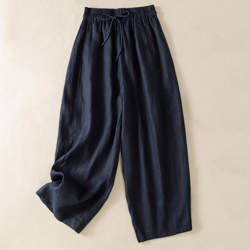 Buddha Stones Commute Plain Design Drawstring Cotton Linen Women's Wide Leg Pants With Pockets - MidnightBlue - US8-10，UK/AU12-14，EU40-42 (2XL) - image 13