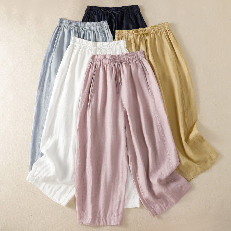 Buddha Stones Commute Plain Design Drawstring Cotton Linen Women's Wide Leg Pants With Pockets - image 34