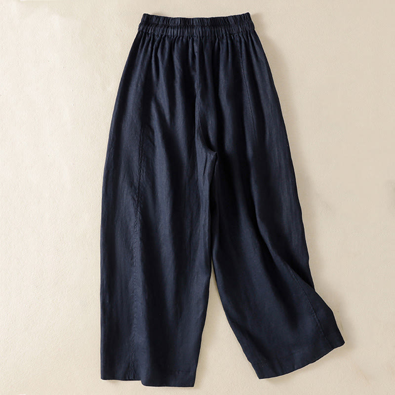 Buddha Stones Commute Plain Design Drawstring Cotton Linen Women's Wide Leg Pants With Pockets - image 14
