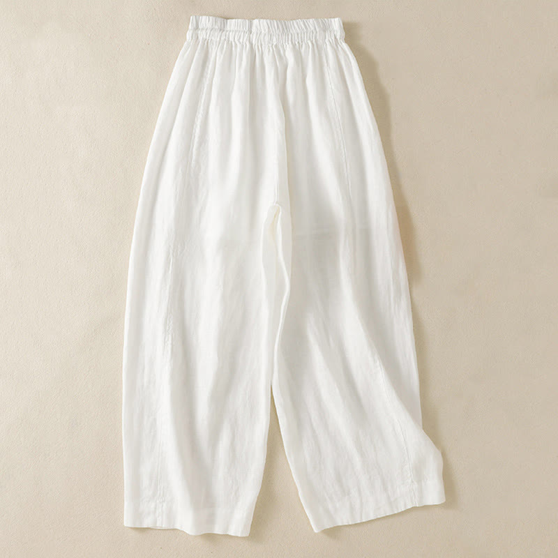 Buddha Stones Commute Plain Design Drawstring Cotton Linen Women's Wide Leg Pants With Pockets - image 29