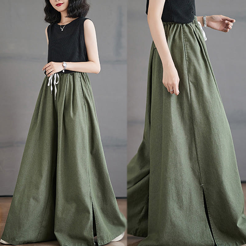 Buddha Stones Retro Leg Opening Slit Design Women's Wide Leg Pants With Pockets - image 8