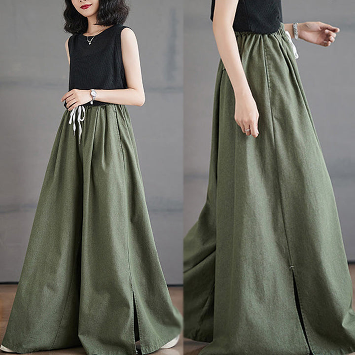 Buddha Stones Retro Leg Opening Slit Design Women's Wide Leg Pants With Pockets - image 8