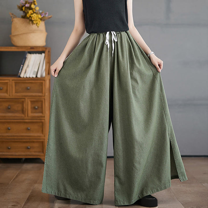 Buddha Stones Retro Leg Opening Slit Design Women's Wide Leg Pants With Pockets - image 7