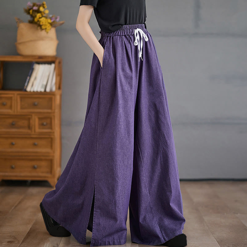 Buddha Stones Retro Leg Opening Slit Design Women's Wide Leg Pants With Pockets - DarkOrchid - US12，UK/AU16，EU44 (3XL) - image 0