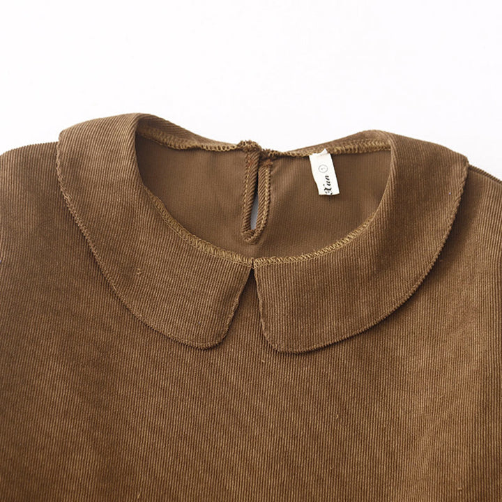 Buddha Stones Button Design Corduroy Peter Pan Collar Long Sleeve Midi Dress With Pockets - image 3