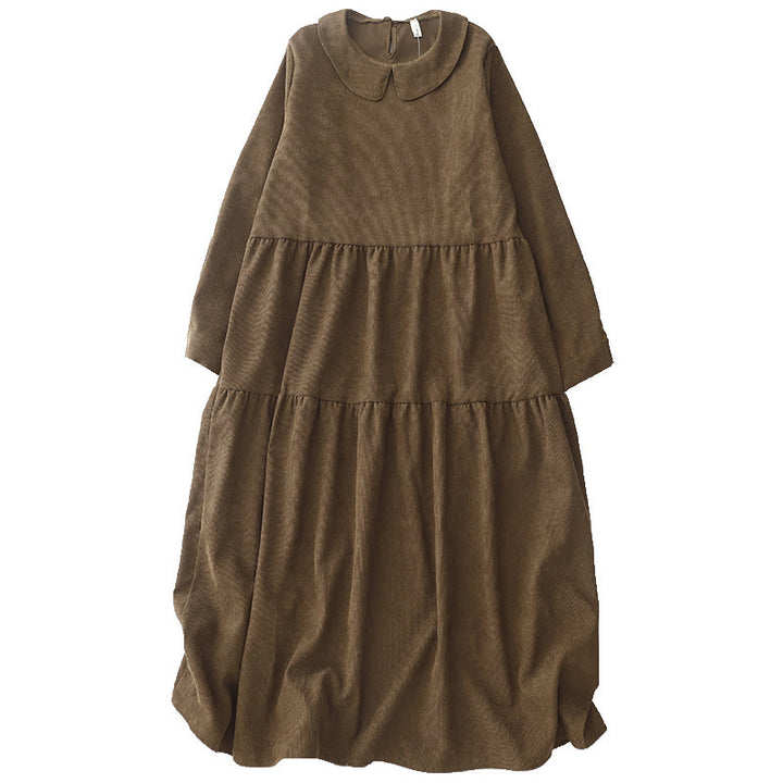 Buddha Stones Button Design Corduroy Peter Pan Collar Long Sleeve Midi Dress With Pockets - image 12