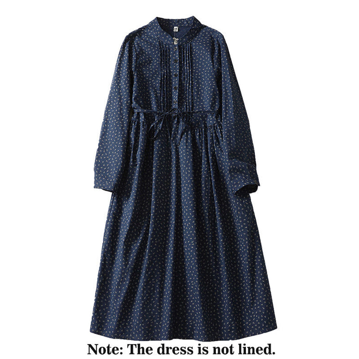 Buddha Stones Printing Floral Accordion Pleats Cotton Linen Long Sleeve Midi Dress With Pockets - image 1