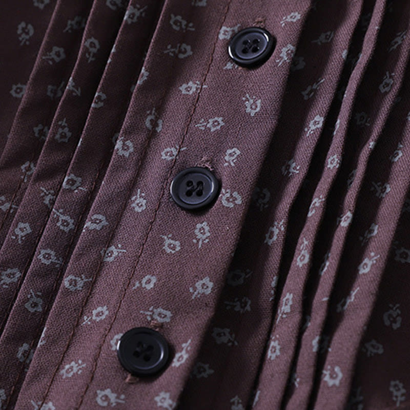 Buddha Stones Printing Floral Accordion Pleats Cotton Linen Long Sleeve Midi Dress With Pockets - image 11