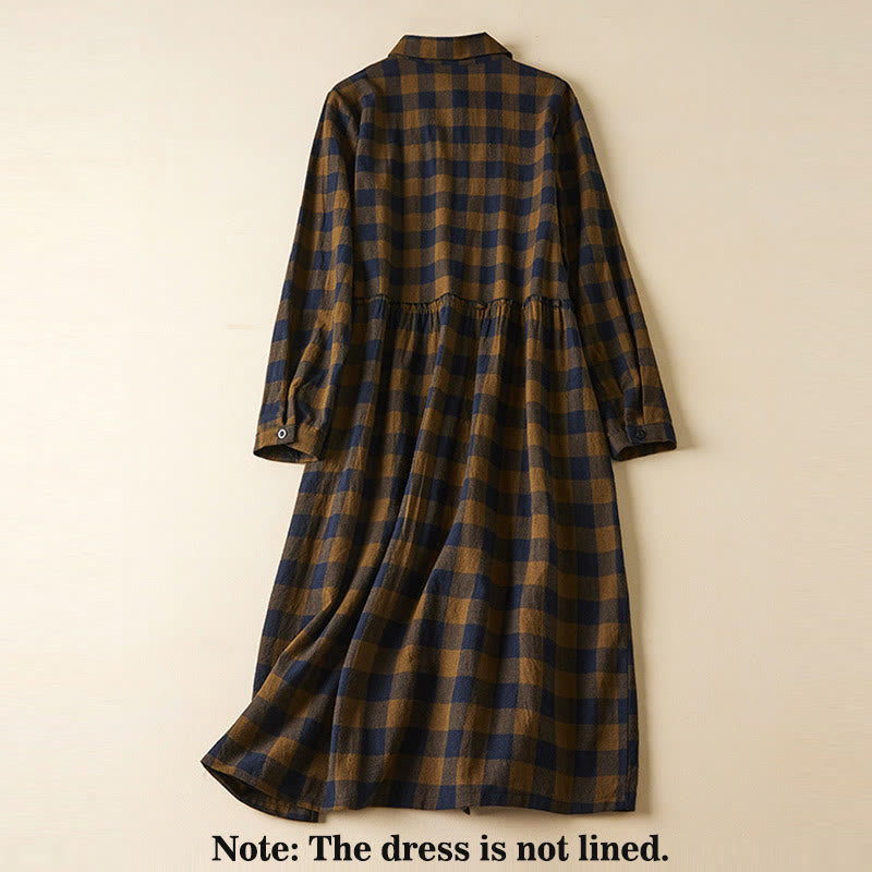 Buddha Stones Contrast Color Plaid Buttons Design Cotton Linen Long Sleeve Midi Dress With Pockets - image 1