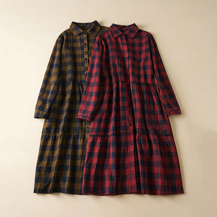 Buddha Stones Contrast Color Plaid Buttons Design Cotton Linen Long Sleeve Midi Dress With Pockets - image 21