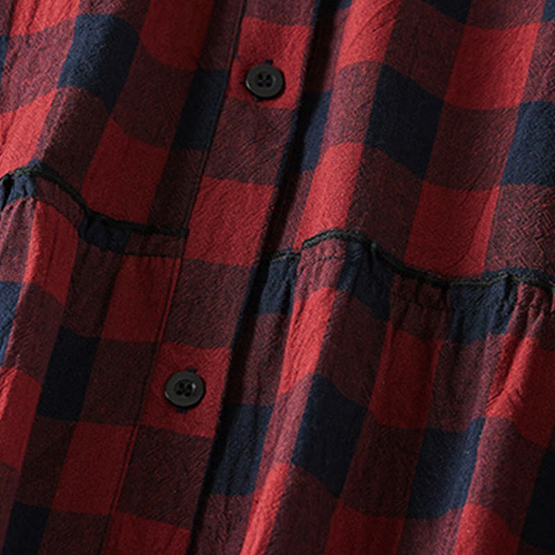 Buddha Stones Contrast Color Plaid Buttons Design Cotton Linen Long Sleeve Midi Dress With Pockets - image 14