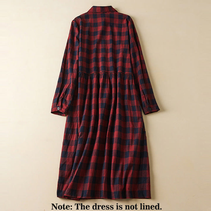 Buddha Stones Contrast Color Plaid Buttons Design Cotton Linen Long Sleeve Midi Dress With Pockets - image 12
