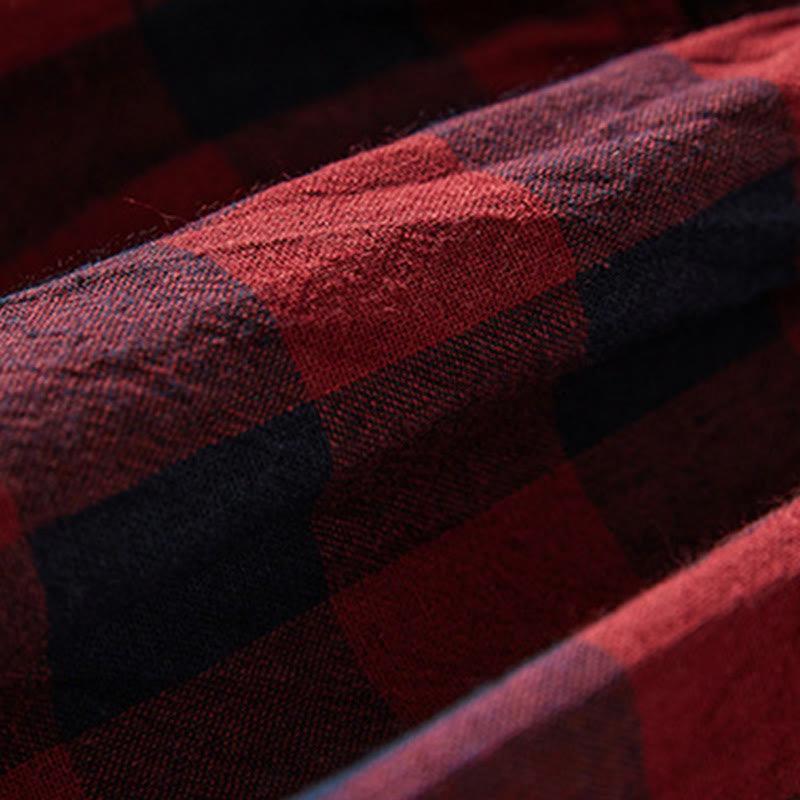 Buddha Stones Contrast Color Plaid Buttons Design Cotton Linen Long Sleeve Midi Dress With Pockets - image 16