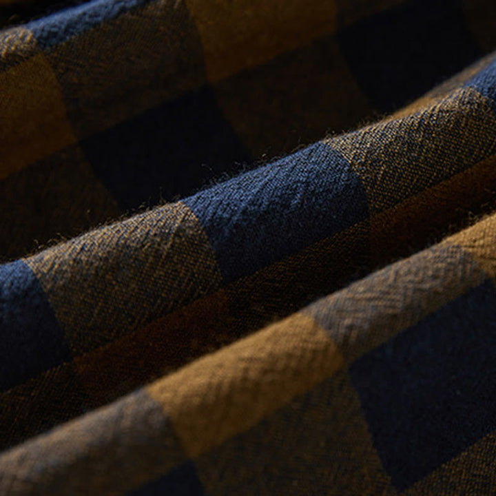 Buddha Stones Contrast Color Plaid Buttons Design Cotton Linen Long Sleeve Midi Dress With Pockets - image 5