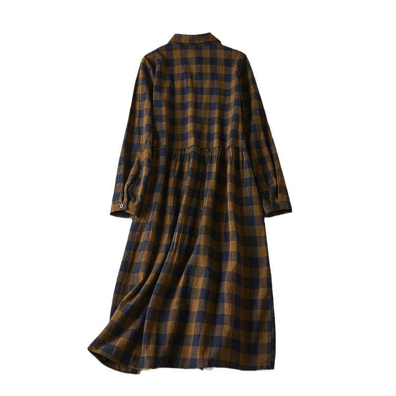 Buddha Stones Contrast Color Plaid Buttons Design Cotton Linen Long Sleeve Midi Dress With Pockets - image 10