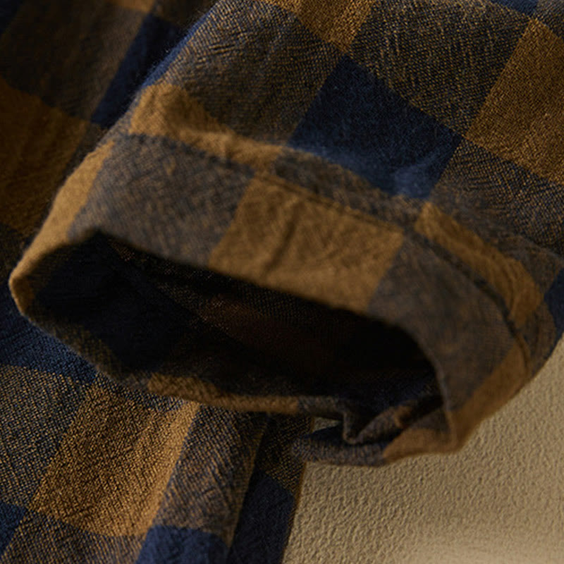 Buddha Stones Contrast Color Plaid Buttons Design Cotton Linen Long Sleeve Midi Dress With Pockets - image 9