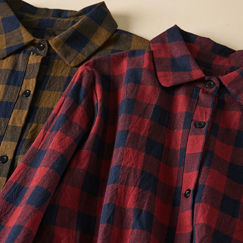 Buddha Stones Contrast Color Plaid Buttons Design Cotton Linen Long Sleeve Midi Dress With Pockets - image 22