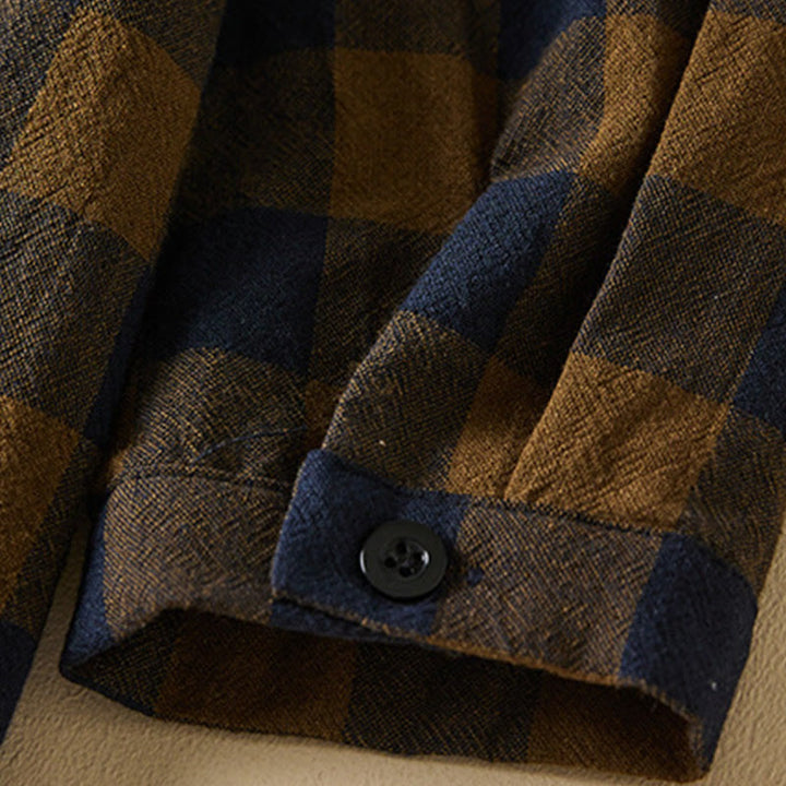 Buddha Stones Contrast Color Plaid Buttons Design Cotton Linen Long Sleeve Midi Dress With Pockets - image 8