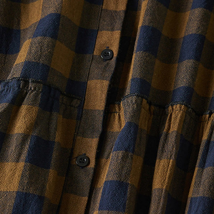 Buddha Stones Contrast Color Plaid Buttons Design Cotton Linen Long Sleeve Midi Dress With Pockets - image 4