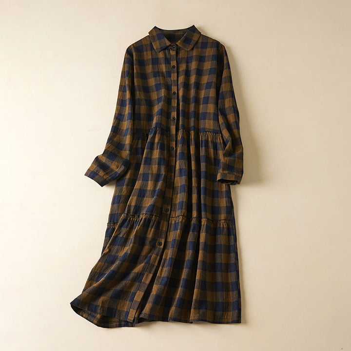 Buddha Stones Contrast Color Plaid Buttons Design Cotton Linen Long Sleeve Midi Dress With Pockets - DarkGoldenrod - US8-10，UK/AU12-14，EU40-42 (2XL) - image 0