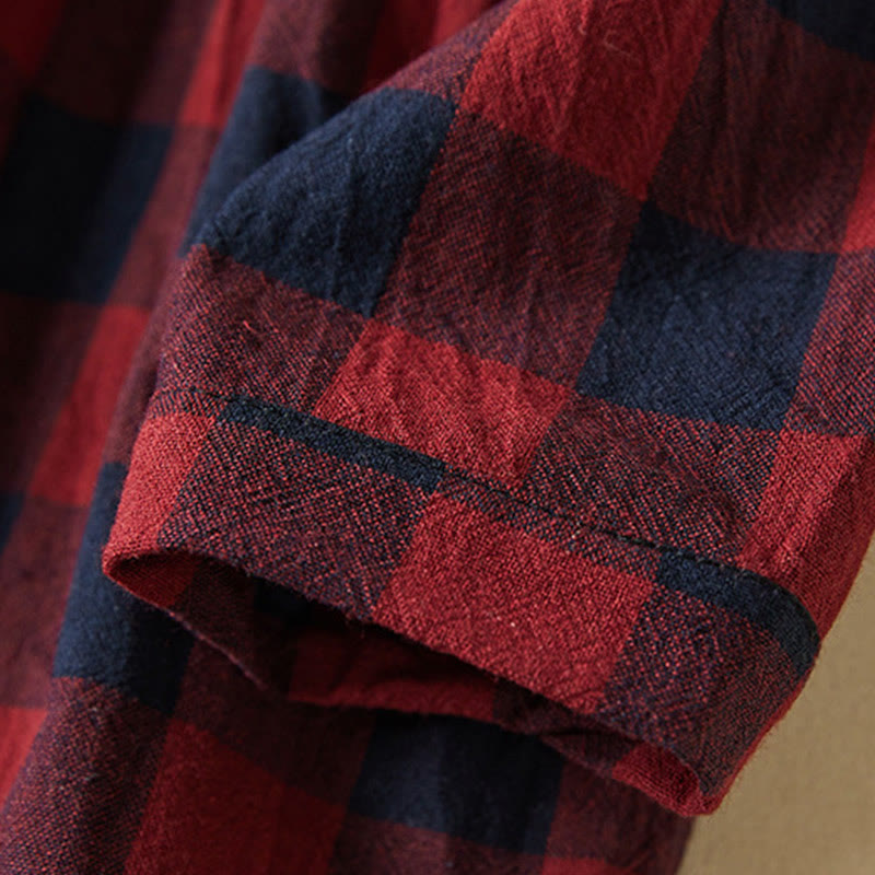 Buddha Stones Contrast Color Plaid Buttons Design Cotton Linen Long Sleeve Midi Dress With Pockets - image 19