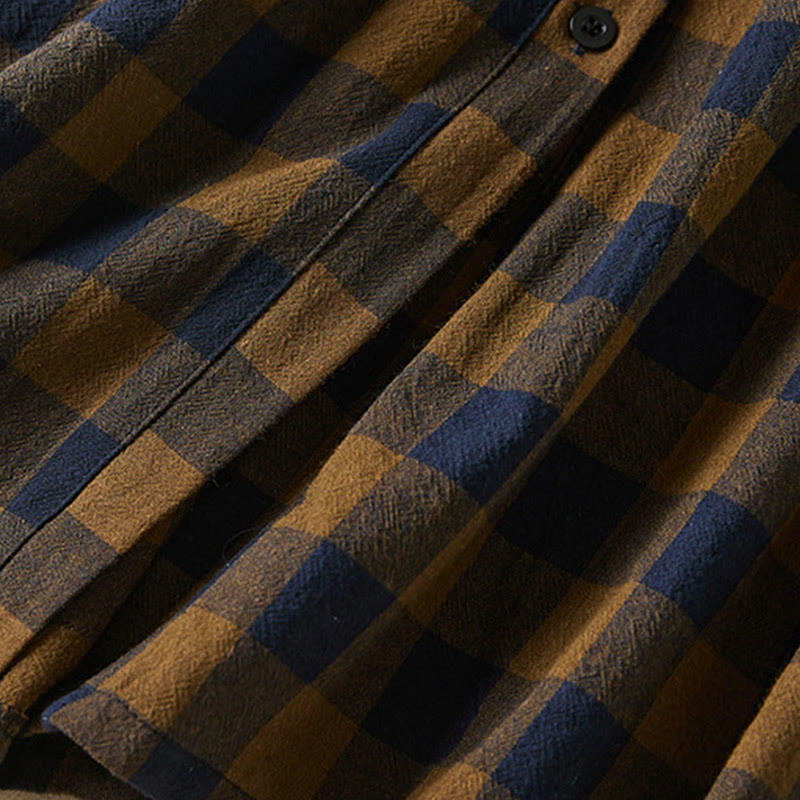 Buddha Stones Contrast Color Plaid Buttons Design Cotton Linen Long Sleeve Midi Dress With Pockets - image 6