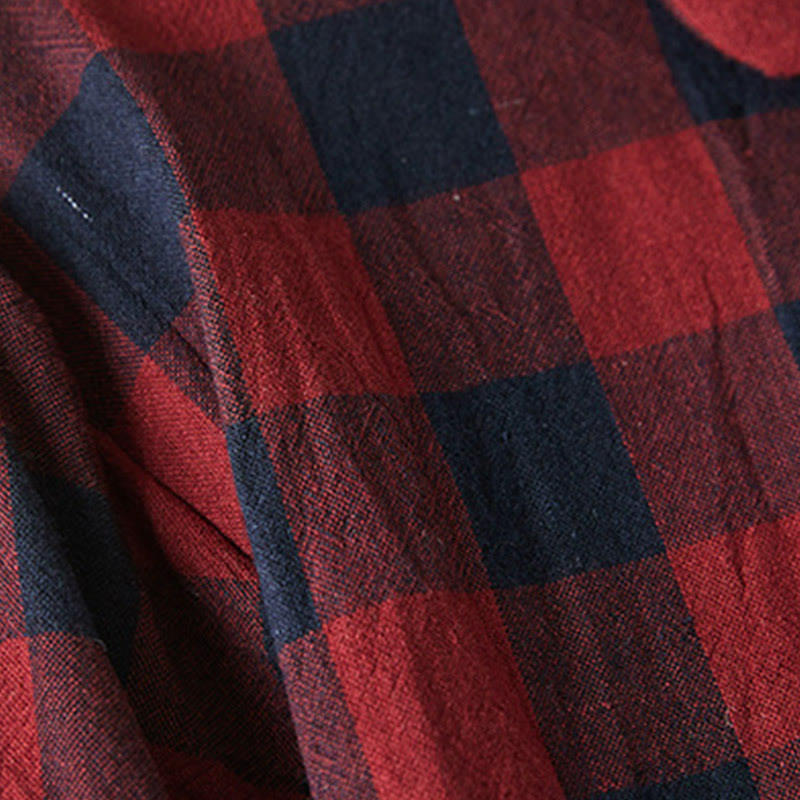 Buddha Stones Contrast Color Plaid Buttons Design Cotton Linen Long Sleeve Midi Dress With Pockets - image 15