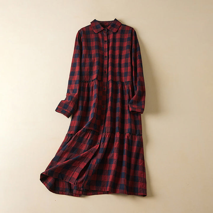 Buddha Stones Contrast Color Plaid Buttons Design Cotton Linen Long Sleeve Midi Dress With Pockets - Crimson - US8-10，UK/AU12-14，EU40-42 (2XL) - image 11