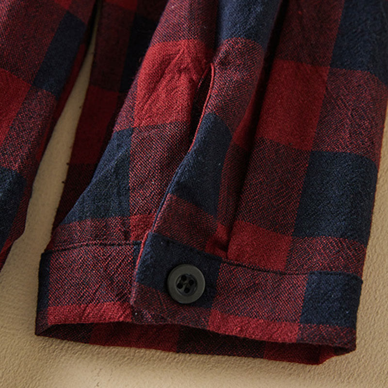 Buddha Stones Contrast Color Plaid Buttons Design Cotton Linen Long Sleeve Midi Dress With Pockets - image 18