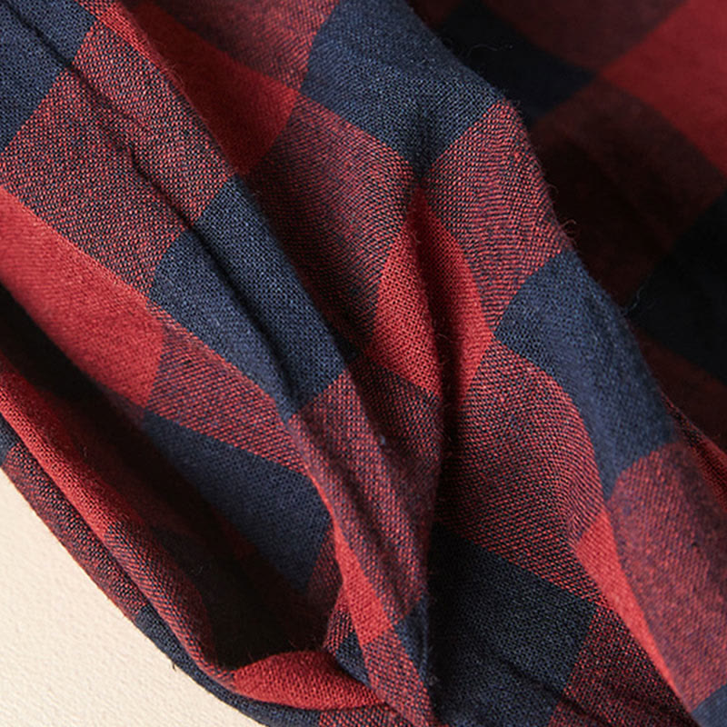 Buddha Stones Contrast Color Plaid Buttons Design Cotton Linen Long Sleeve Midi Dress With Pockets - image 17