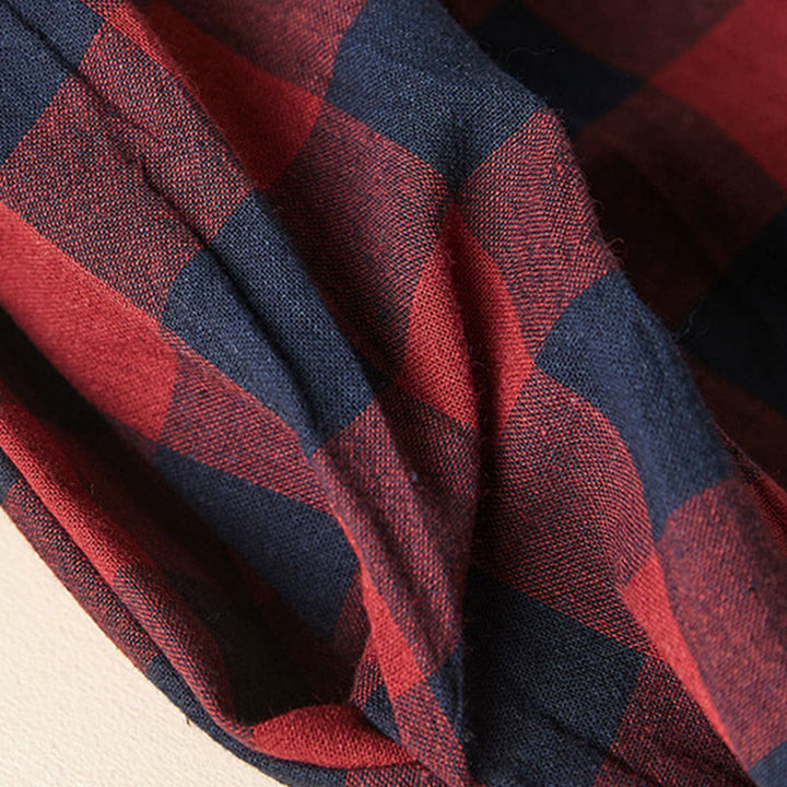 Buddha Stones Contrast Color Plaid Buttons Design Cotton Linen Long Sleeve Midi Dress With Pockets - image 17