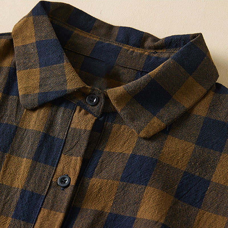 Buddha Stones Contrast Color Plaid Buttons Design Cotton Linen Long Sleeve Midi Dress With Pockets - image 2