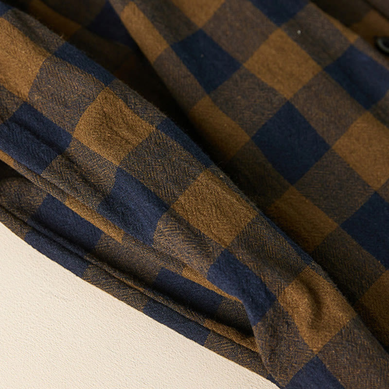 Buddha Stones Contrast Color Plaid Buttons Design Cotton Linen Long Sleeve Midi Dress With Pockets - image 7