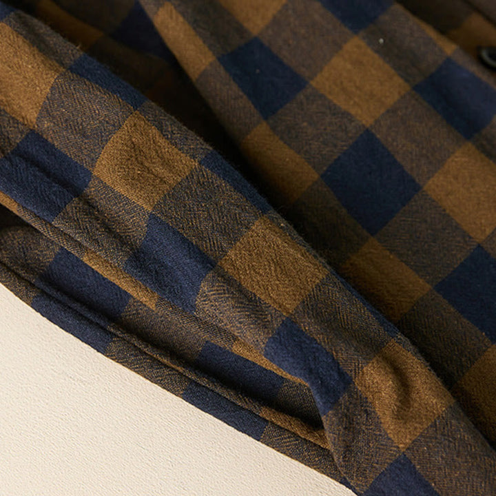 Buddha Stones Contrast Color Plaid Buttons Design Cotton Linen Long Sleeve Midi Dress With Pockets - image 7