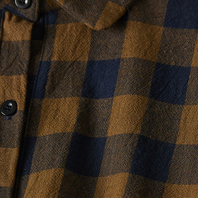 Buddha Stones Contrast Color Plaid Buttons Design Cotton Linen Long Sleeve Midi Dress With Pockets - image 3