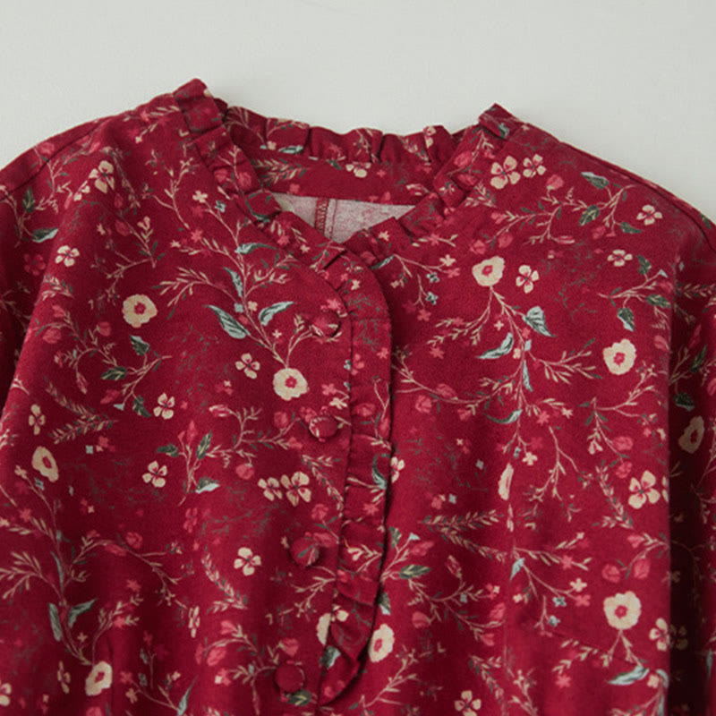 Buddha Stones Ethnic Printing Floral Lace-Up Design Long Sleeve Cotton Linen Midi Dress - image 10