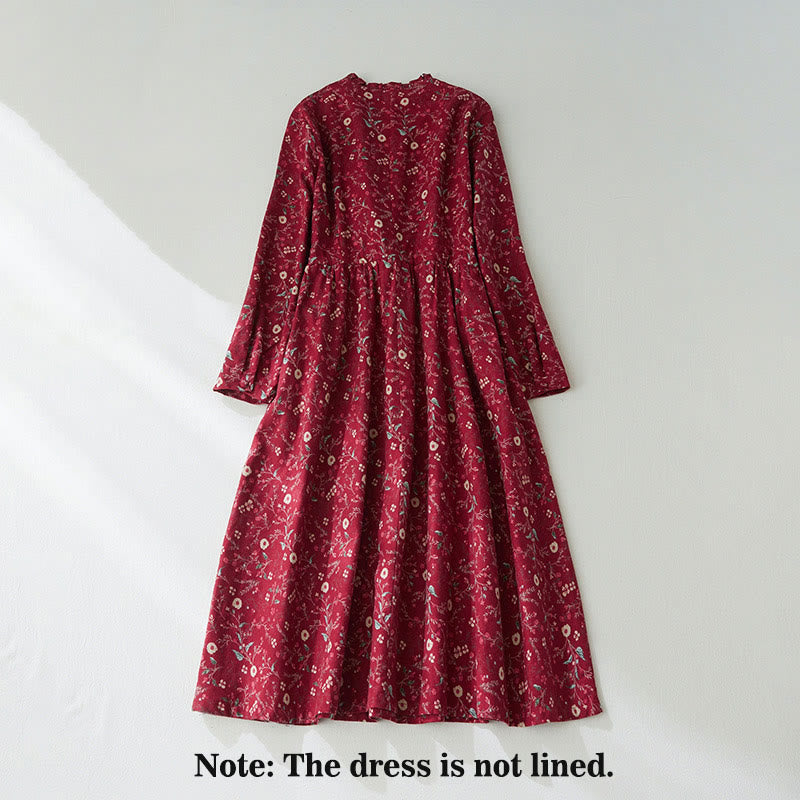 Buddha Stones Ethnic Printing Floral Lace-Up Design Long Sleeve Cotton Linen Midi Dress - image 9