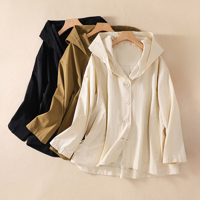 Buddha Stones Pure Color Hooded Women's Long Sleeve Cotton Jacket With Pockets - image 0